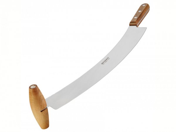 Cutit profesional curbat cu doua manere lemn pentru branzeturi 38 cm