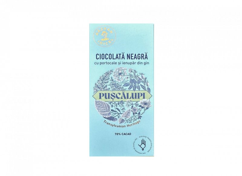 CIOCOLATA  NEAGRA 70% CACAO CU PORTOCALA SI IENUPAR DIN GIN PUSCALUPI EDITIE LIMITATA