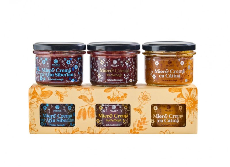 Cutie cadou 3 tipuri de miere polifloră cu Aronia, Cătină și Afin Siberian